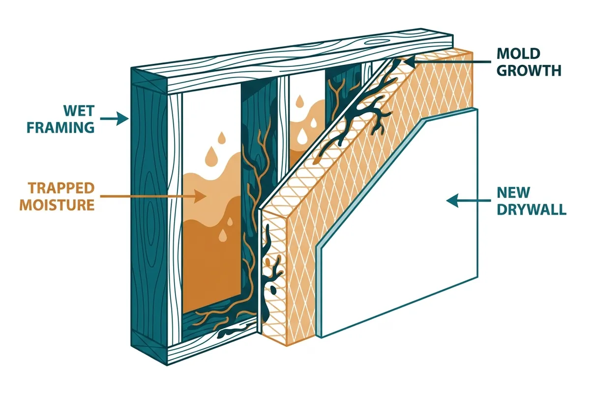 Diagram: wind-driven rain entering a wall assembly above a window head flashing