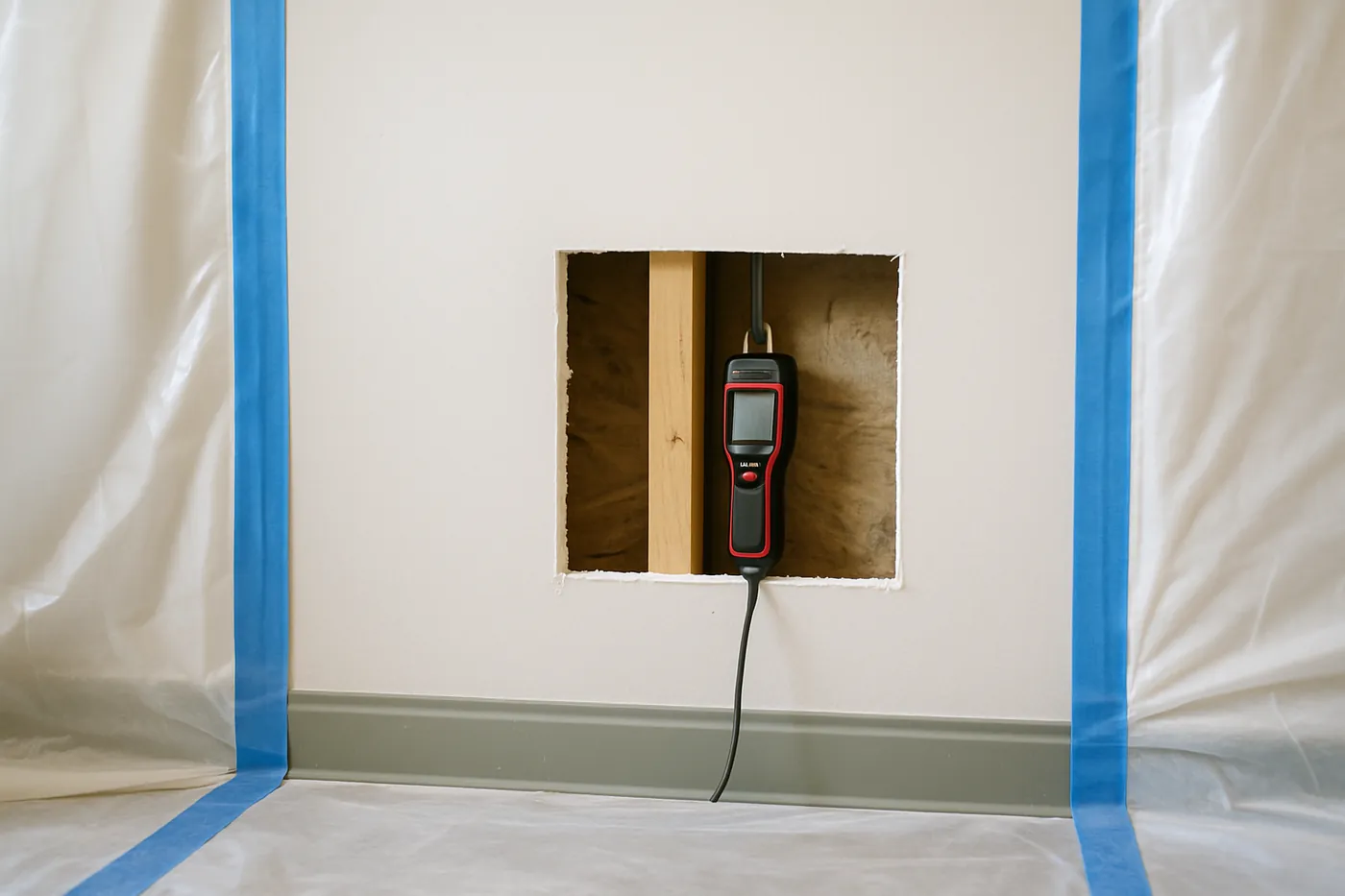 Containment sheeting and a wall cavity opened during a Gulf Coast mold removal job